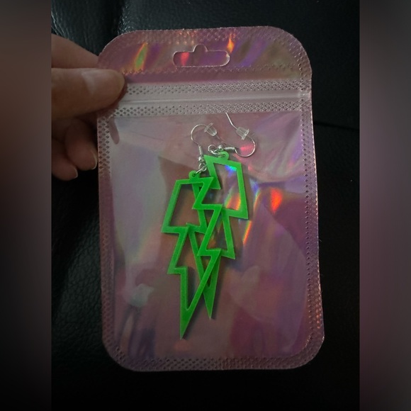 Bold Neon Green Lightning Bolt Statement Earrings - Picture 3 of 3